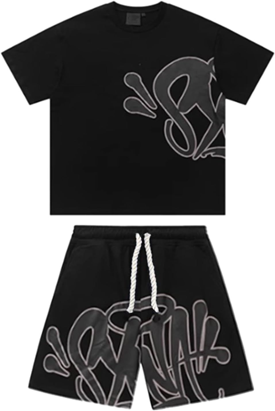 Syna World T-Shirt Und Shorts Set Unisex 2 Teiliges Bequeme Sommer Outfit Oversized Sport Kleidung Zweiteiler Trainingsanzug Jogginganzug Kurzarm Y2K Hip Hop Unisex Buchstaben Druck Männer Loungewear